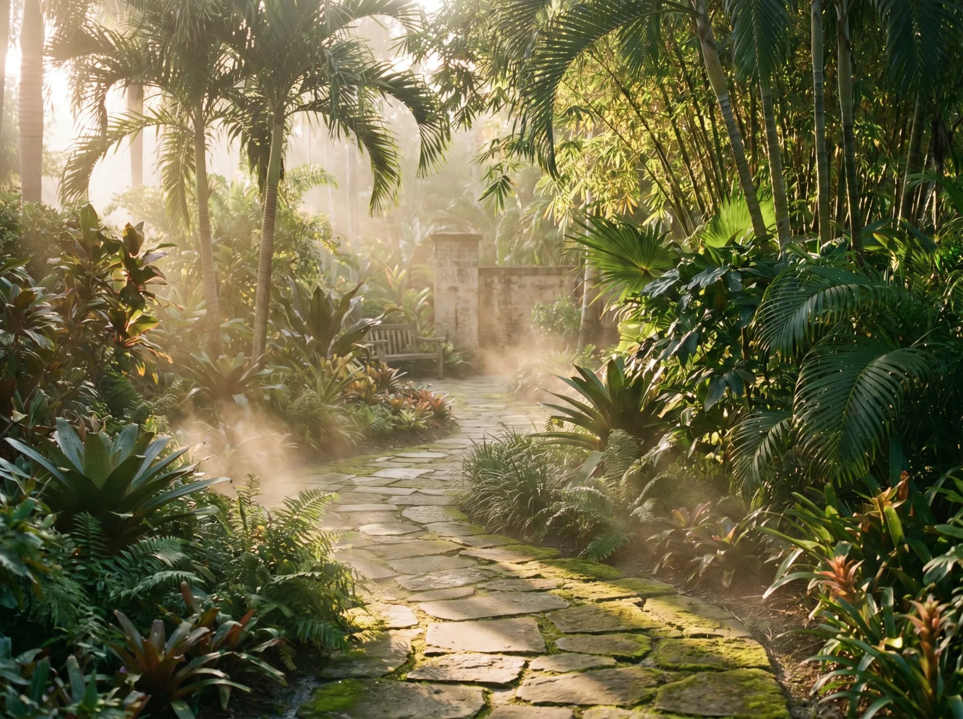 Stone path through tropical grounds