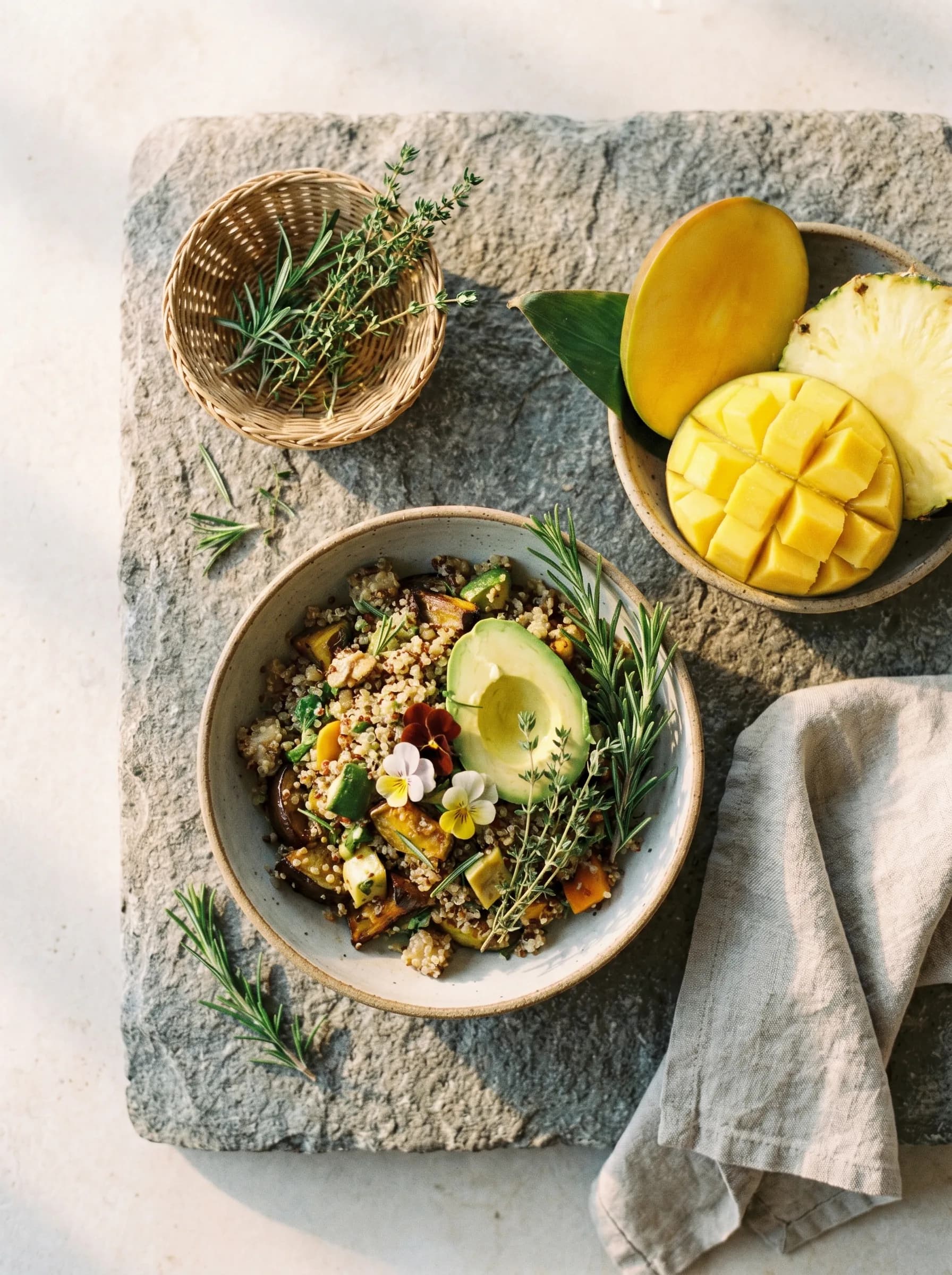 Seasonal organic meal served on stone