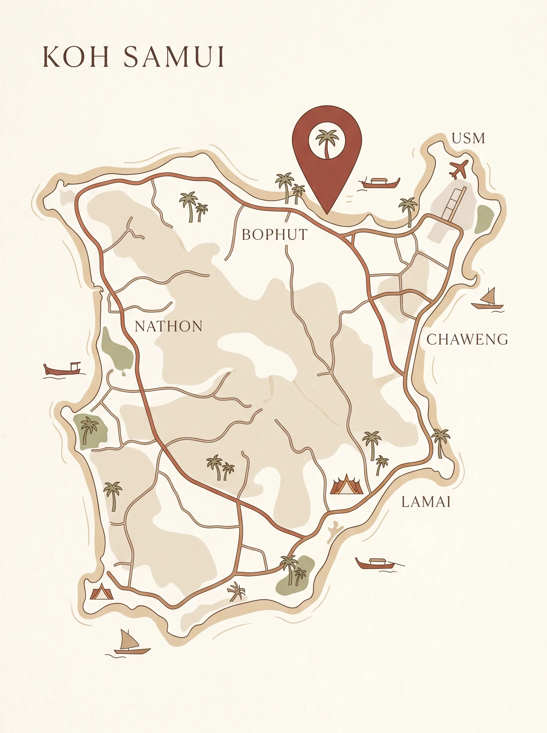 Illustrated map of Koh Samui, Thailand, showing Sila on the northern coast