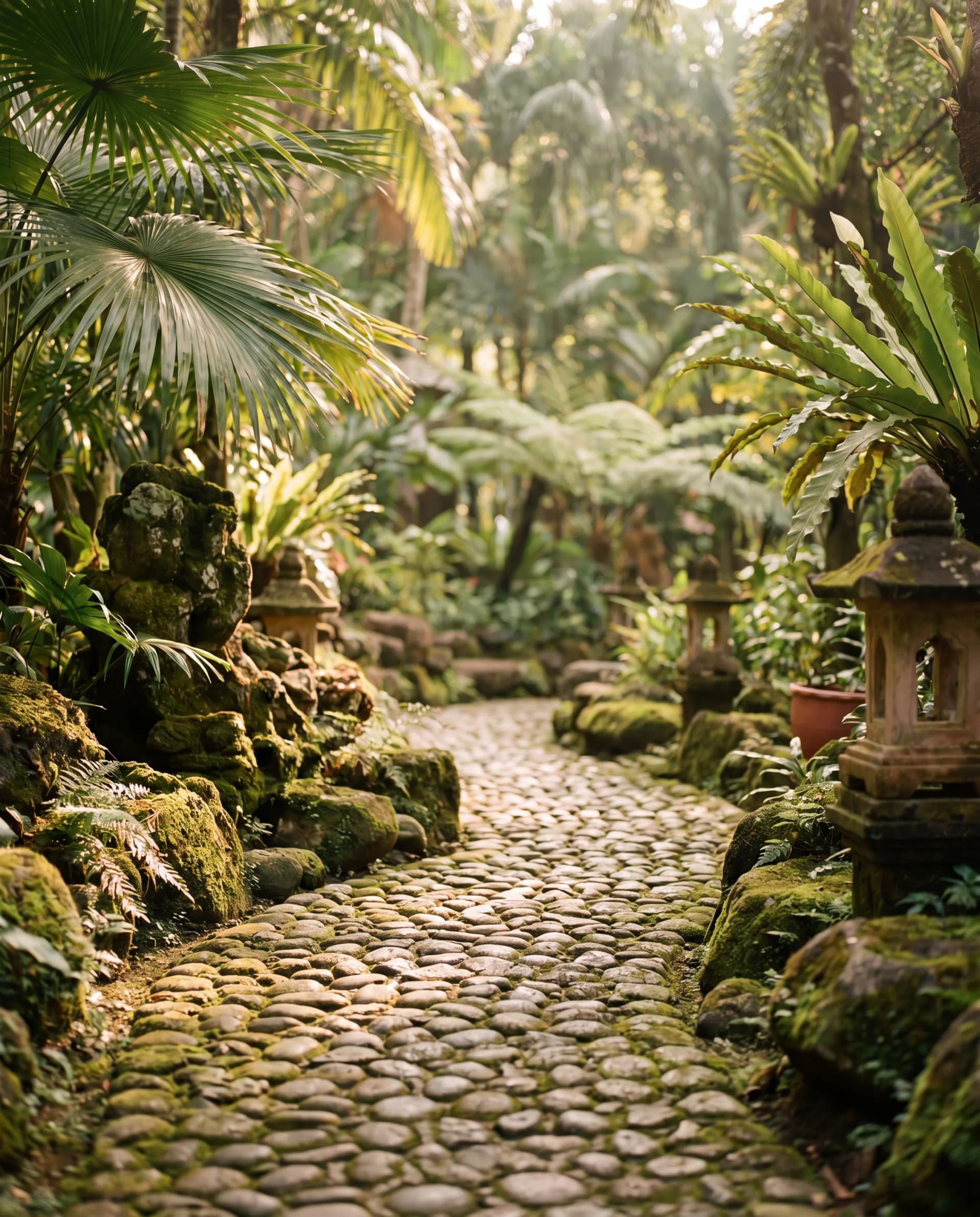 Stone path through tropical garden with morning light